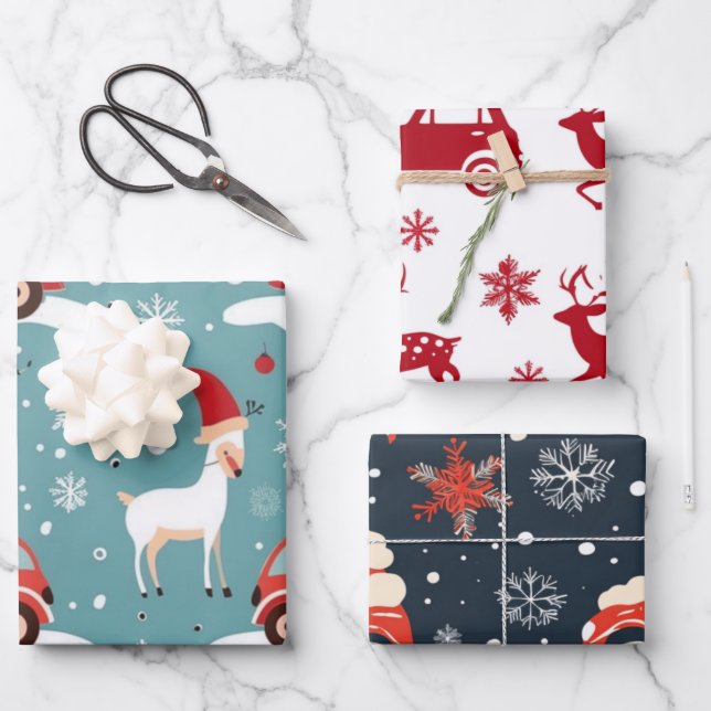 Reindeer Joyride Snowflake Christmas Wrap Geschenkpapier Set (Vorderseite)