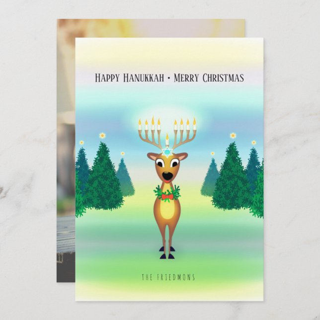 Reindeer Menorah Hanukkah Weihnachtsfotokarte Karte (Vorne/Hinten)