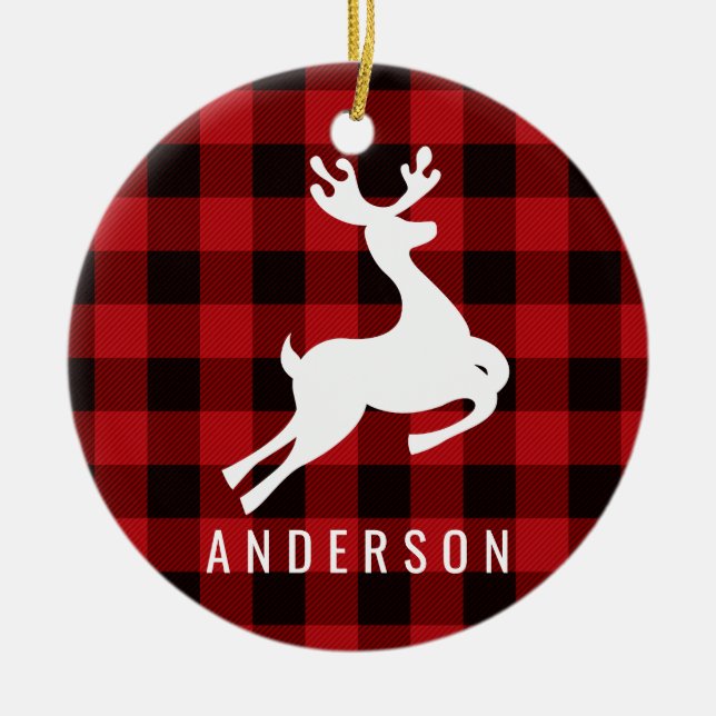Reindeer Monogram | Deep Red Buffalo Kariert Keramikornament (Vorne)