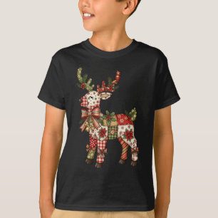 Reindeer Patchwork Coquette Bow Christmas Pajamas T-Shirt
