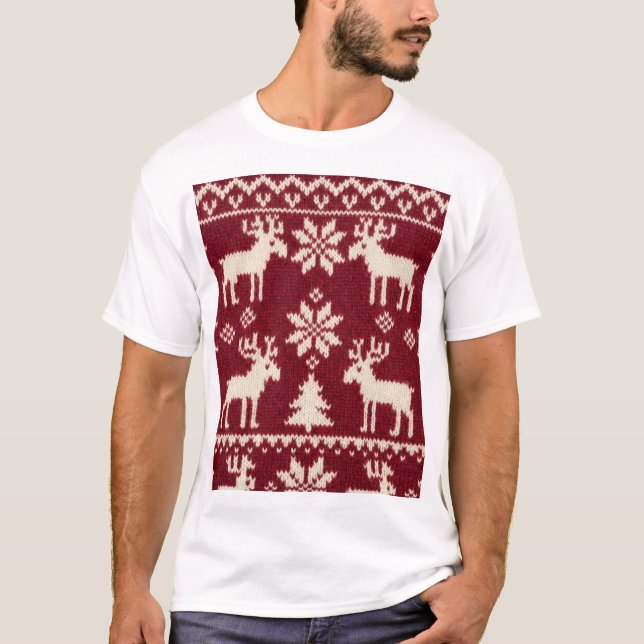 Reindeer & Pines – Classic Knit Holiday Pattern T-Shirt (Vorderseite)