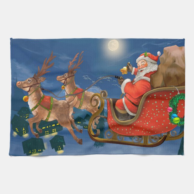 Reindeer Pulling Santa Claus Sleigh | Weihnachten Geschirrtuch (Horizontal)