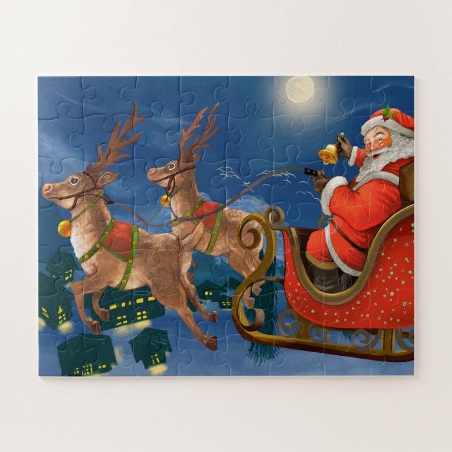 Reindeer Pulling Santa Claus Sleigh | Weihnachten Puzzle (Horizontal)
