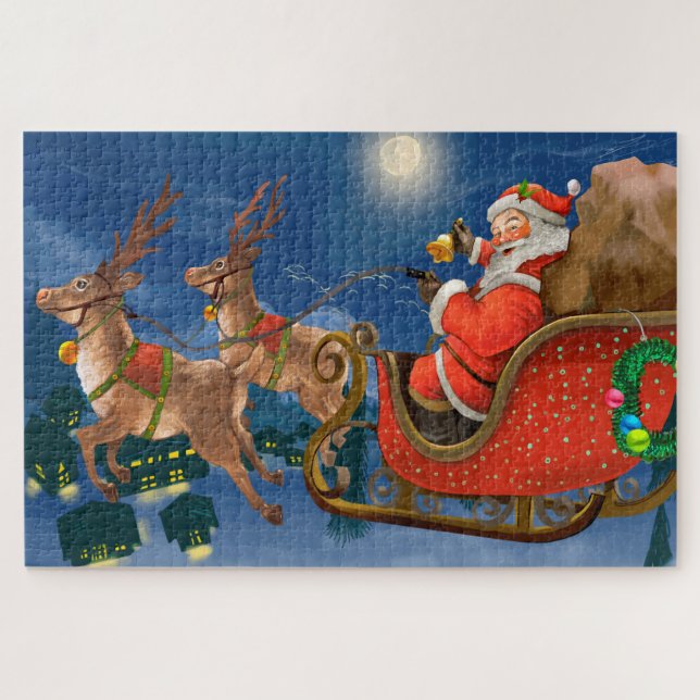 Reindeer Pulling Santa Claus Sleigh | Weihnachten Puzzle (Horizontal)