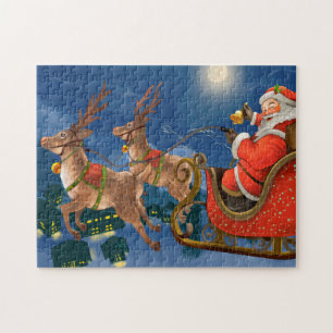 Reindeer Pulling Santa Claus Sleigh Weihnachten Puzzle