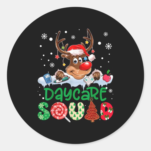 Reindeer Santa Hat Daycare Squad Teacher Christmas Runder Aufkleber (Vorderseite)