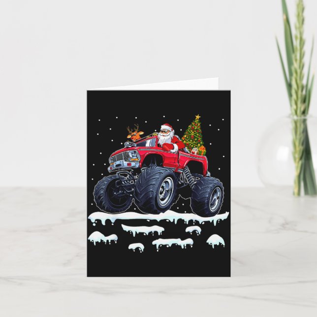 Reindeer Santa Riding Monster Truck Christmas Tree Karte (Vorderseite)