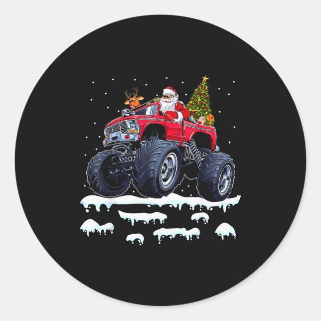 Reindeer Santa Riding Monster Truck Christmas Tree Runder Aufkleber (Vorderseite)