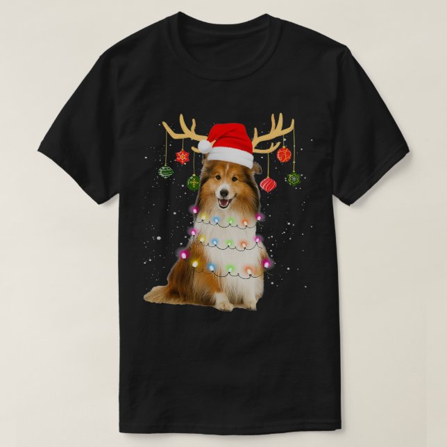 Reindeer Sheltie Dog Santa Hat Christmas Light Xma T-Shirt (Design vorne)