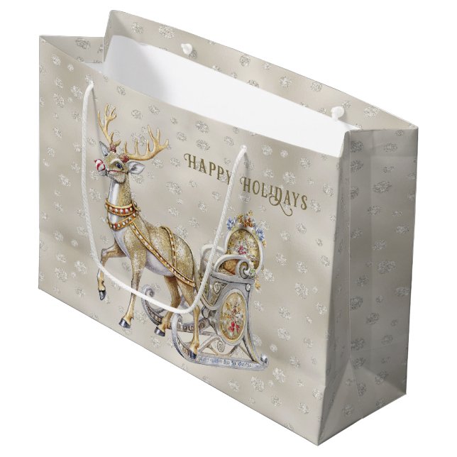 Reindeer Sleigh Holiday Geschenktasche Große Geschenktüte (Vorderseite Schrägansicht)
