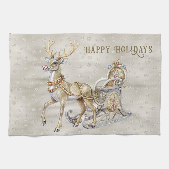 Reindeer Sleigh Holiday Kitchtuch Geschirrtuch (Horizontal)