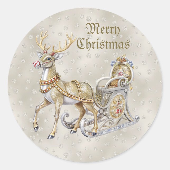 Reindeer Sleigh Weihnachtssticker Runder Aufkleber (Vorderseite)