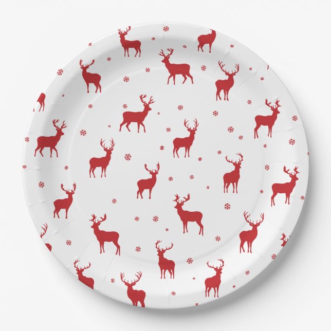 Reindeer Stag Pattern Red Holiday Pappteller (Vorderseite)