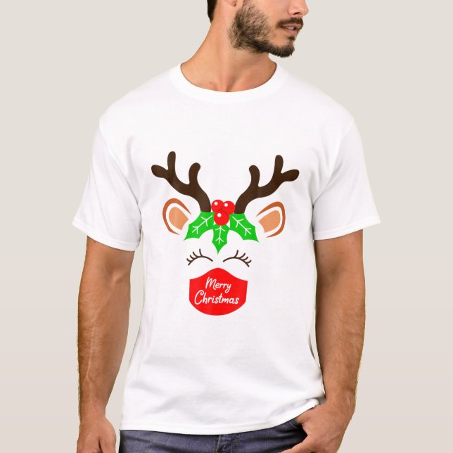 Reindeer Tragen Maske Weihnachten 2021 Matching Fa T-Shirt (Vorderseite)