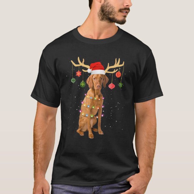 Reindeer Vizsla Dog Weihnachtsmannmütze Weihnachts T-Shirt (Vorderseite)