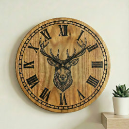 Reindeer Wall Clock - Wooden Style Design  Große Wanduhr