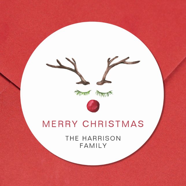 Reindeer Watercolor Frohe Weihnachten Runder Aufkleber (Von Creator hochgeladen)
