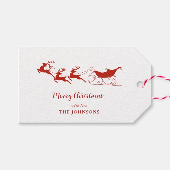 Reindeers & Sleigh Rot & Weiße Weihnachten Geschenkanhänger (Vorderseite (Horizontal))