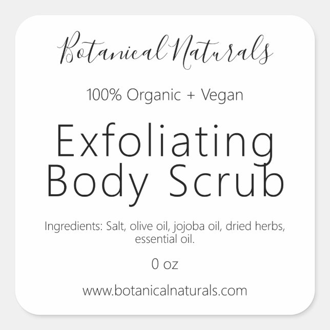 Reine handgefertigte Bio Vegane Body-Scrub-Labels Quadratischer Aufkleber (Vorderseite)