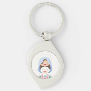 Reine Kawaii Jungfrau Maria mit Herz – Weiß Schlüsselanhänger