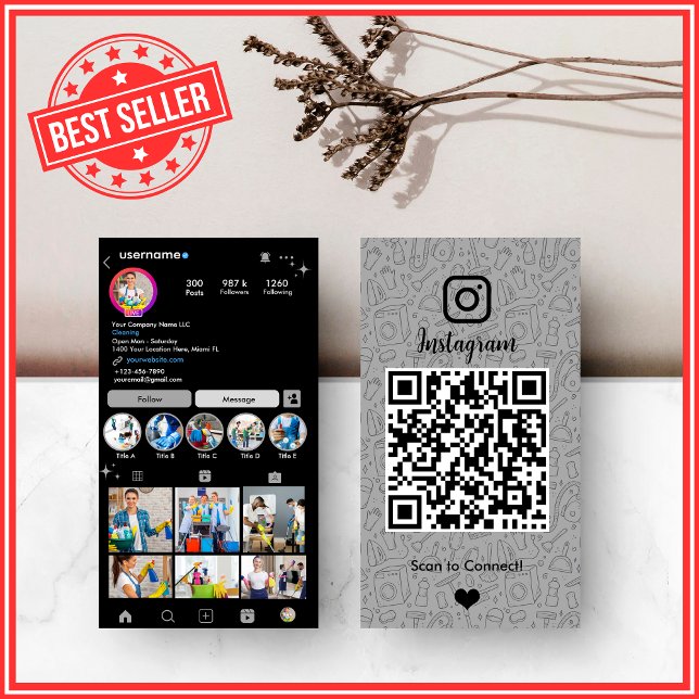 Reinigen Instagram Graue Housekeeping Maid QR Code Visitenkarte (Von Creator hochgeladen)