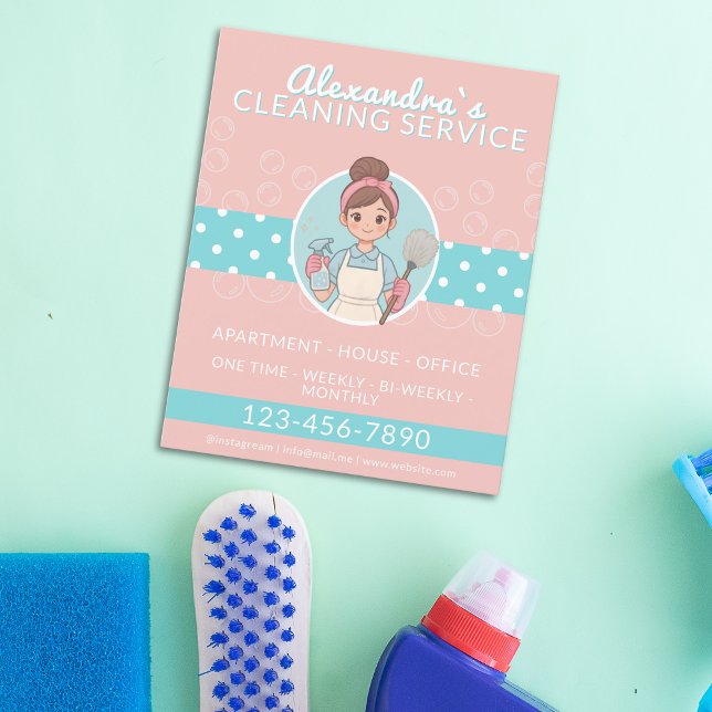 Reinigung des Cartoon der Dame Rosa und Aquamarine Flyer (Cleaning Lady Cartoon Pink And Teal Polka Dot Flyer)