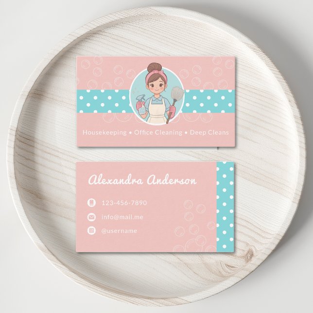 Reinigung des Cartoon der Dame Rosa und Aquamarine Visitenkarte (Cleaning Lady Cartoon Pink And Teal Polka Dot Business Card)