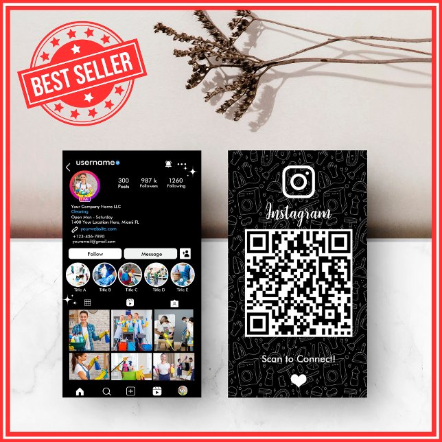 Reinigung Instagram Black Housekeeping Maid QR Cod Visitenkarte (Von Creator hochgeladen)