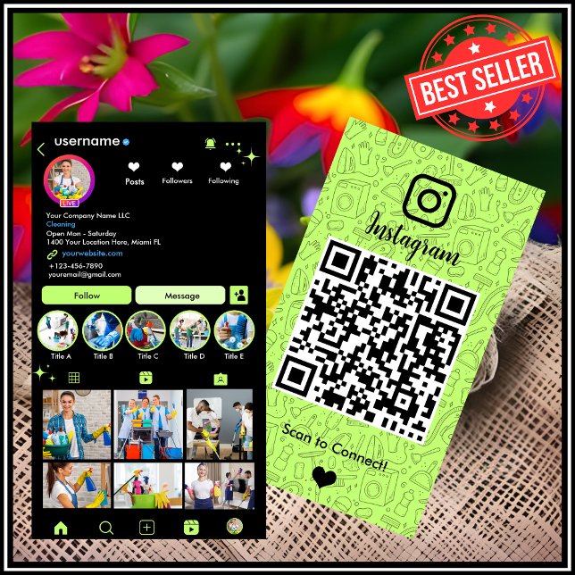 Reinigung Instagram Lime Grüne häusliche Pflege QR Visitenkarte (Von Creator hochgeladen)