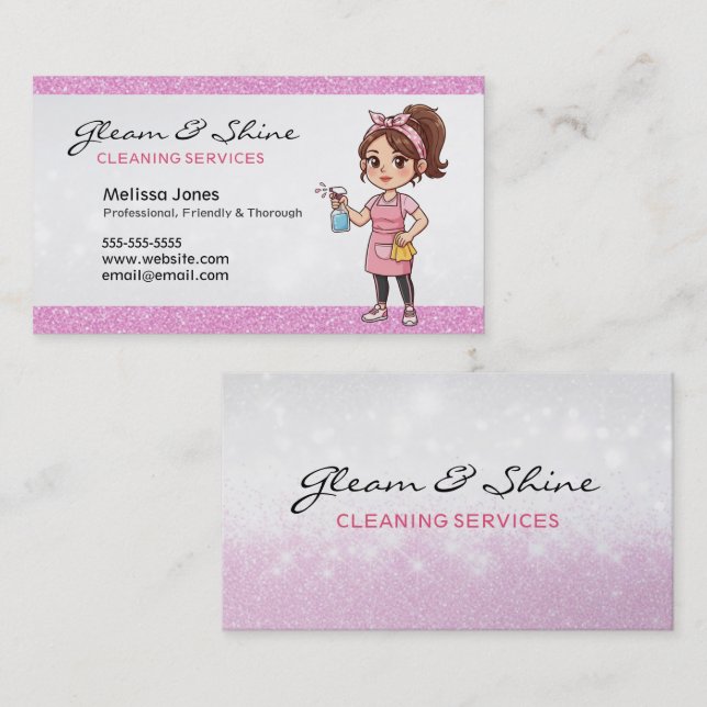 Reinigung Lady Cleaner Frau Pink Imitate Glitzer Visitenkarte (Vorne/Hinten)