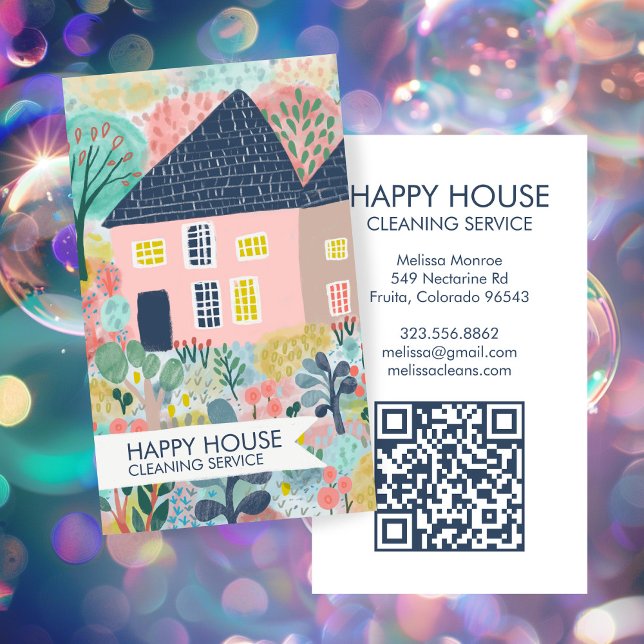 Reinigung Wasserfarben Haus Gartengarten QR Code Visitenkarte (Watercolor House Cleaning Yardwork Garden QR Code Housecleaner Maid Gardener Lawn Business Card
)