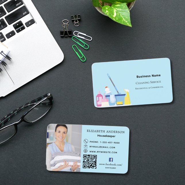 Reinigungs-Service hellblauer Foto QR Code Visitenkarte (Von Creator hochgeladen)