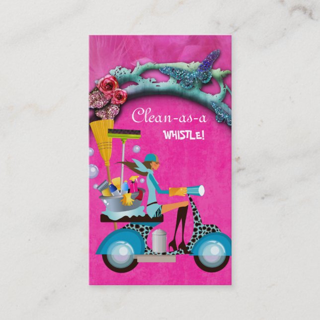 Reinigungs-Visitenkarte-Roller-Mädchen-Rosa-Garten Visitenkarte (Vorderseite)