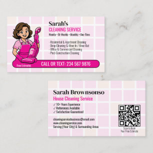 Reinigungsdame mit rosa Staubsauger Cartoon QR-Hau Visitenkarte