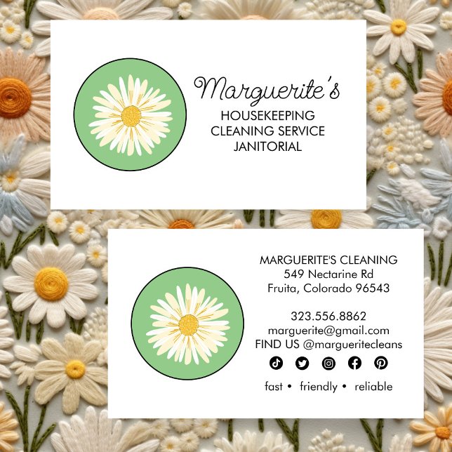 Reinigungsdienst im Haus Daisy Logo Soziale Symbol Visitenkarte (House Cleaning Service Daisy Logo Social Icons Business Card
)