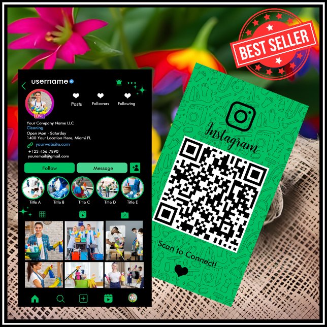 Reinigungsdienst Instagram Green | QR für die Haus Visitenkarte (Von Creator hochgeladen)