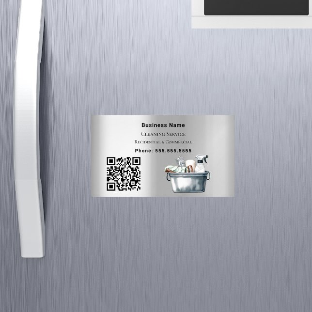 Reinigungsdienst Silber QR-Code Magnetische Visitenkarte (Von Creator hochgeladen)
