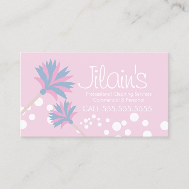 Reinigungsdienste Duster Pink Business Card Visitenkarte (Vorderseite)