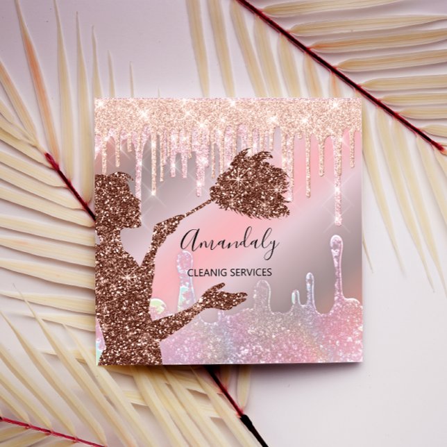 Reinigungsdienste für Haushaltshäuser Tropfen Logo Quadratische Visitenkarte (Maid House Cleaning Services Logo Drips Rose Glam Square Business Card)