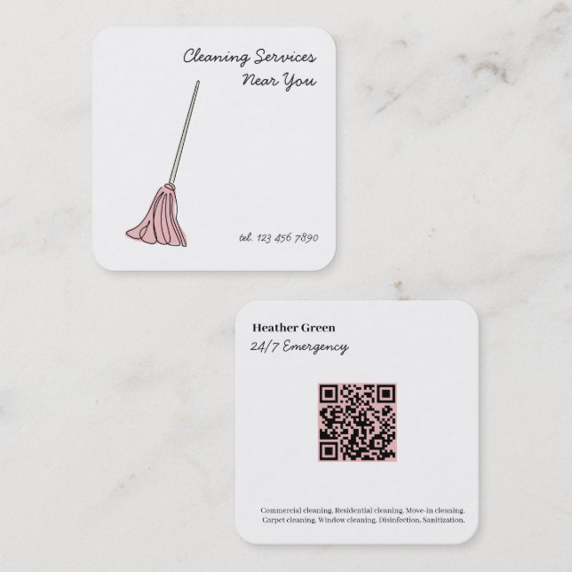 Reinigungsdienste rund um die Uhr Quadratische Visitenkarte (Vorne/Hinten)