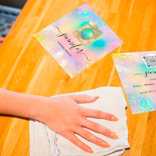 Reinigungsdienste Wäscherei QR Codo Logo Holograph Quadratische Visitenkarte (Cleaning Services Laundry QR Codo Logo Holograph Square Business Card)