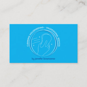 Reinigungsschwamm und Hand mit Sternen auf blau Visitenkarte