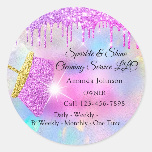 Reinigungsservice House Pink Tropfens Holograph Runder Aufkleber (Vorderseite)