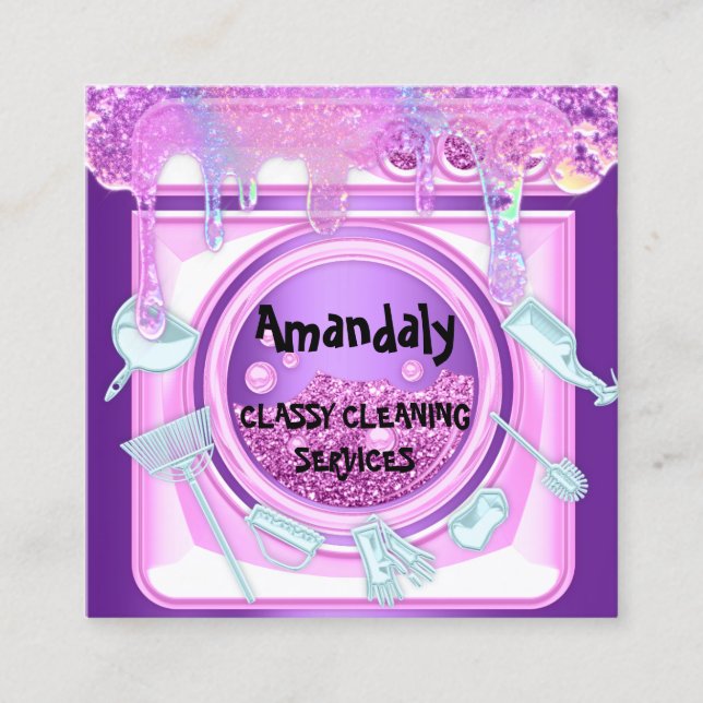 Reinigungsservice QRCode Wäsche Tropfen Seifenviol Quadratische Visitenkarte (Vorderseite)