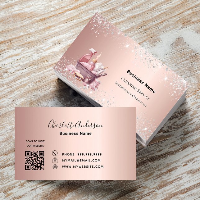 Reinigungsservice Rose Gold Glitzern Staub QR-Code Visitenkarte (Von Creator hochgeladen)