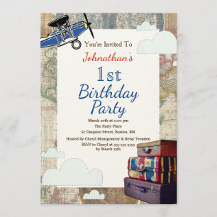 Reise Baby Shower mit alten Flugzeugen und Wolken Einladung