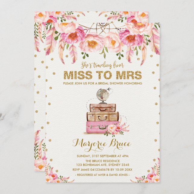 Reise Brautparty Miss zu Frau Boho Blush Floral Einladung (Vorne/Hinten)