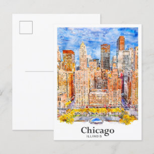 Reise Chicago Illinois Aquarell Handgezeichnet Postkarte