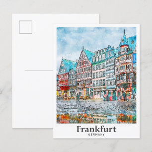 Reise Frankfurt Deutschland Aquarell Handgezeichne Postkarte