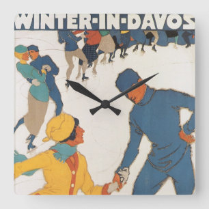 Reise im Vintage-Stil, Art Deco, Winter Davos Schw Quadratische Wanduhr